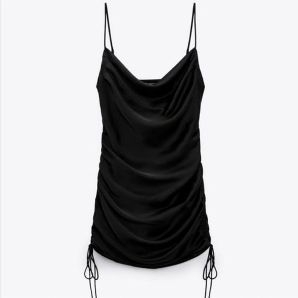 Elegant Black Satin Ruched Cowl Neck Dress